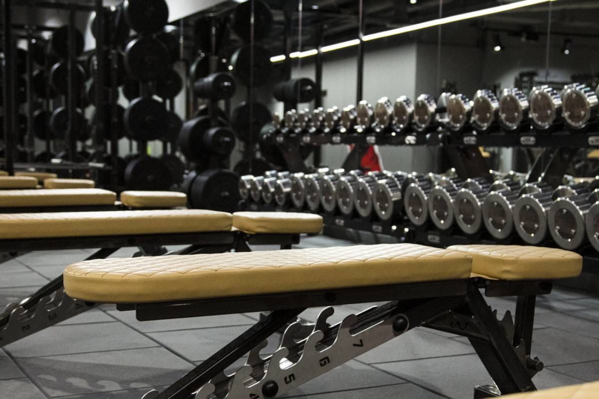 ROAR Fitness City of London gym floor with adjustable benches, chrome dumbbells and weight plates