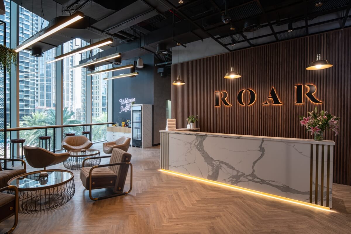 Reception and client lounge at Roar Fitness Dubai in Burj Vista, Downtown Dubai