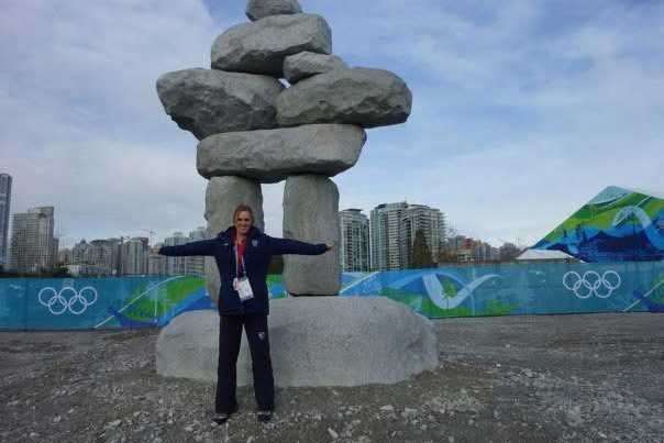 Sarah Lindsay at the Inukshuk in the Olympic Village, Vancouver 2010