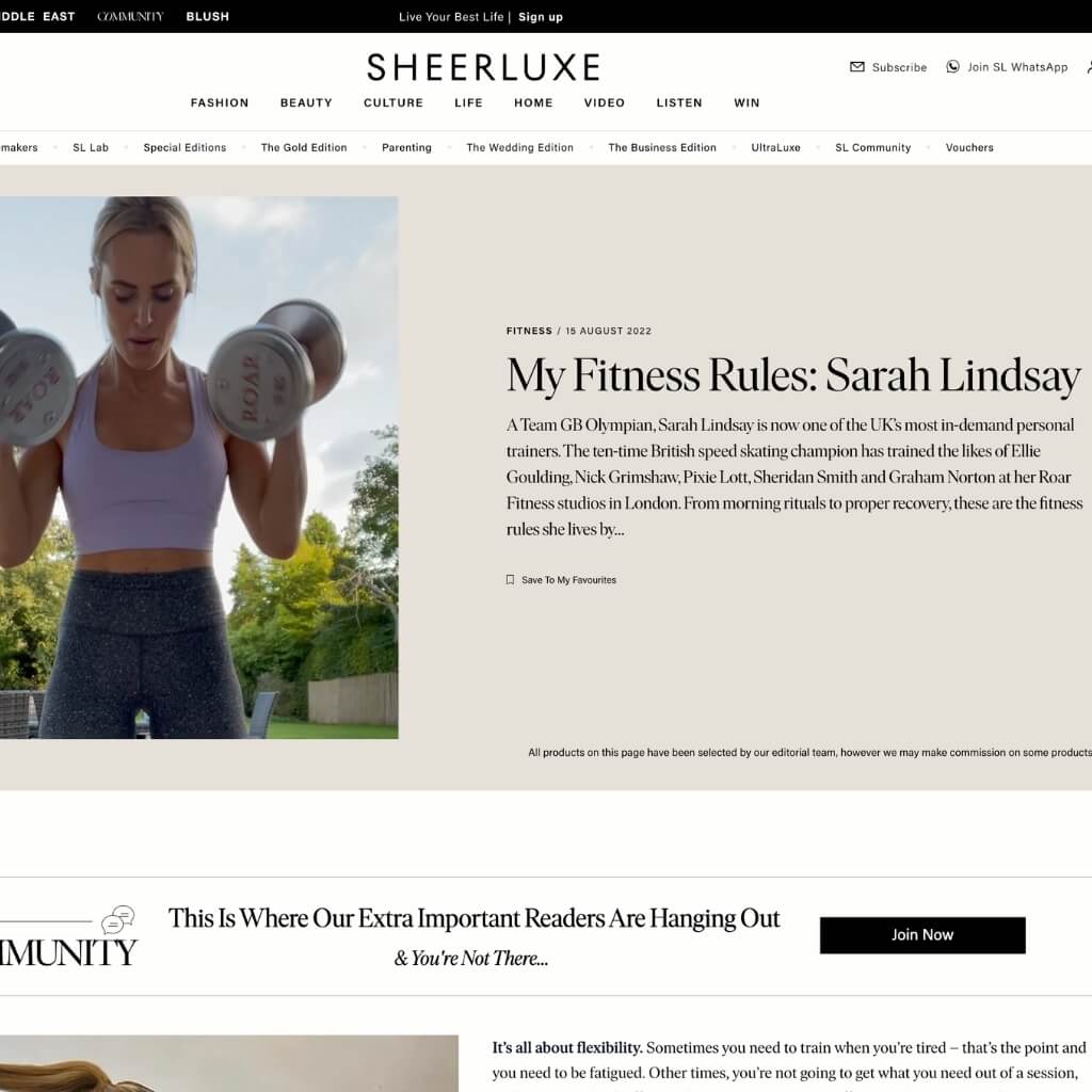 Roar Fitness featured in an article in Sheerluxe magazine