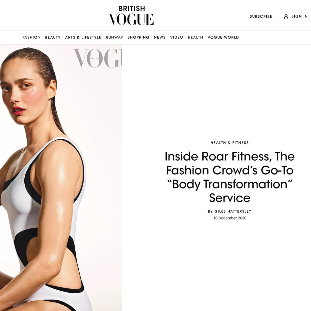 Roar Fitness featured in an article in British Vogue